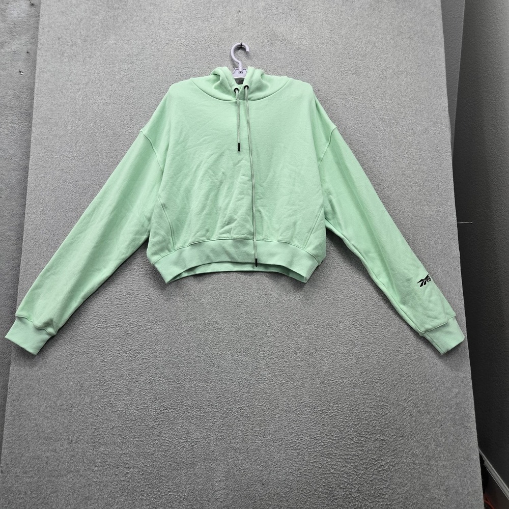 Reebok Women Hoodie XL Green Embroidered Logo Spellout Cropped Zipper Hooded